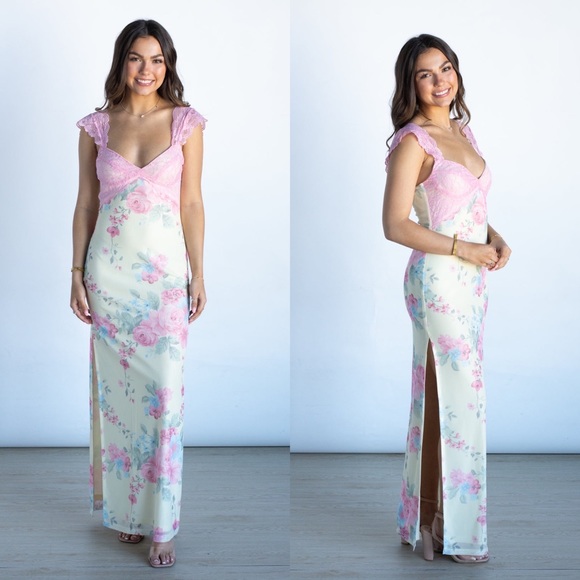 *24 HOUR SALE* Pretty In Pastels Floral Print Lace Maxi Dress - Picture 3 of 10